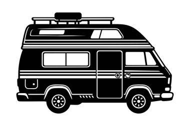 Klasik Camper Van silueti izole edildi. Düz vektör illüstrasyonu