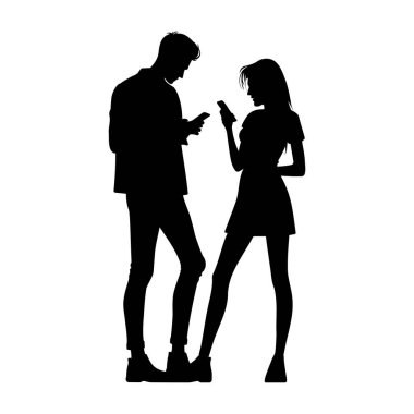 Akıllı telefon kullanan bir adamla bir kadının silueti. Vektör illüstrasyonu