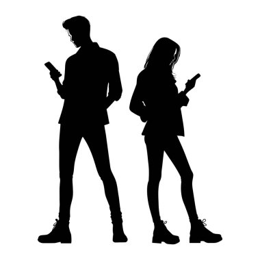 Akıllı telefonlara bakıp birbirlerine sırt çeviren bir çiftin silueti. vektör illüstrasyonu