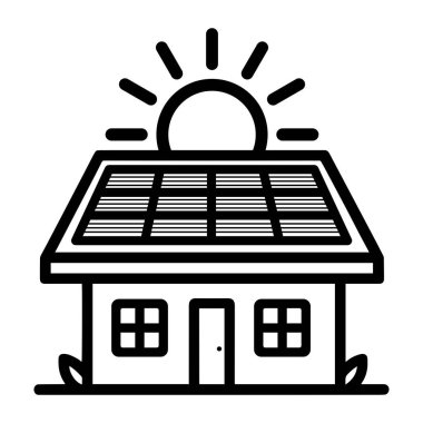 Ev güneş enerjisi simgesi. Güneş panelleri olan çatı. Taslak vektör illüstrasyonu