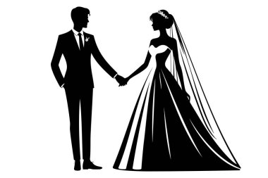 Gelin ve damat el ele tutuşuyorlar. Düğün çifti. Vektör illüstrasyonu