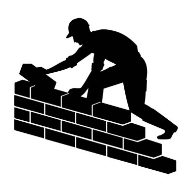 Tuğla duvar ören bir duvarcının silueti. Vektör illüstrasyonu