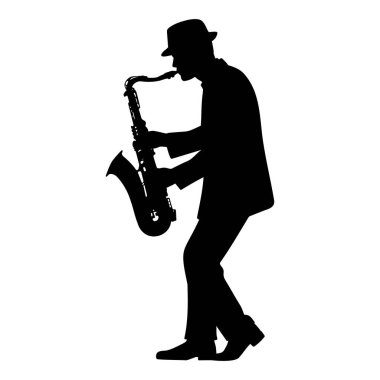 Saksafon vektör illüstrasyonunu çalan bir adamın silueti.