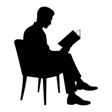 Sandalyeye oturmuş kitap okuyan bir adamın silüeti. vektör illüstrasyonu