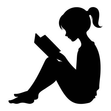 Yerde oturmuş kitap okuyan bir kızın silueti. vektör illüstrasyonu