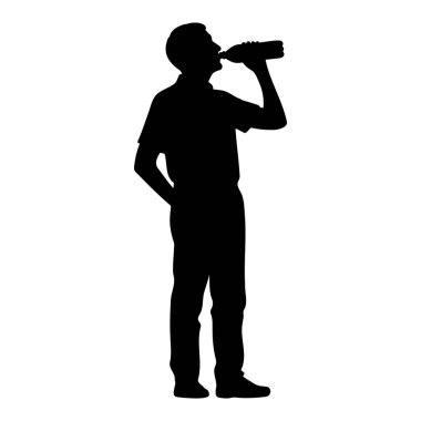 Bir şişe su içen bir adamın silüeti. vektör illüstrasyonu