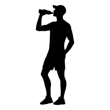 Bir şişe su içen bir kişinin silüeti. vektör illüstrasyonu