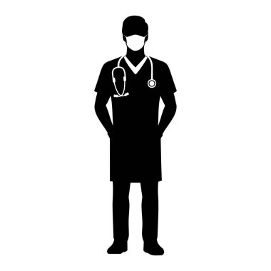 Maske takan bir cerrahın silueti. Vektör illüstrasyonu
