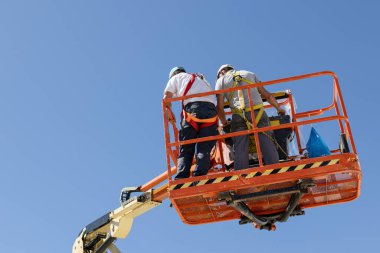 Güneşli bir günde elinde güvenlik ekipmanıyla vişne toplayan iki işçinin alçak açılı görüntüsü. Boşluğu kopyala