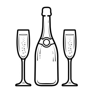 Bir şişe şampanya ve iki şampanya kadehinin çizimi. Vektör illüstrasyonu