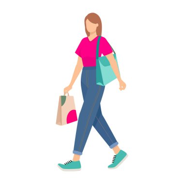 Renkli bir kese kağıdı taşıyan ve yürüyen bir kadının klip sanatı, tüketim kavramı. vektör illüstrasyonu