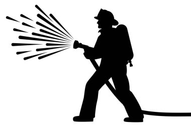 İtfaiyeci silueti hortum vektör çizimi ile su püskürtüyor.