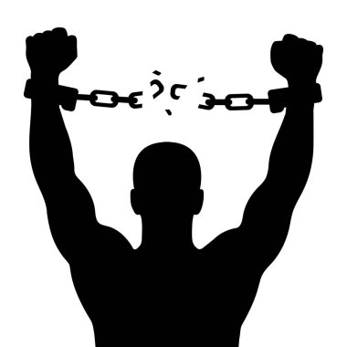 Özgürlüğü simgeleyen zincirleri kıran bir kişinin silueti. vektör illüstrasyonu
