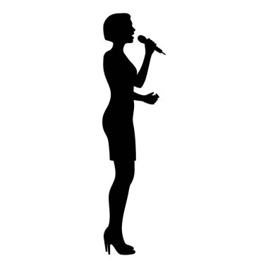 Bir kadın şarkıcının silueti mikrofonla şarkı söylüyor.