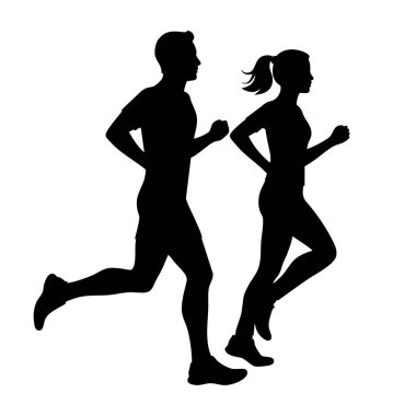 İki koşucunun basit bir silüeti. Bir adam ve bir kadın birlikte koşuyor.