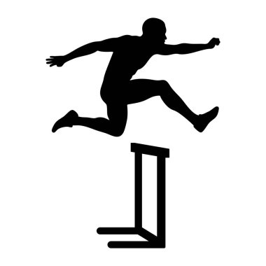 100 metre engelli koşusunda engelden atlayan bir erkek atletin silüeti.