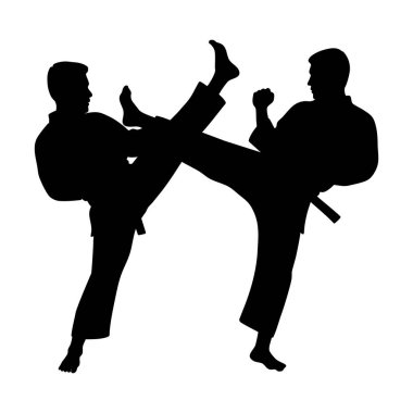 İki tekvando savaşçısının silueti çarpışma sırasında tekmeliyor.