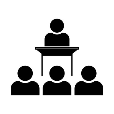 Podyumda konuşmacı, izleyici simgesi illüstrasyonuna sesleniyor