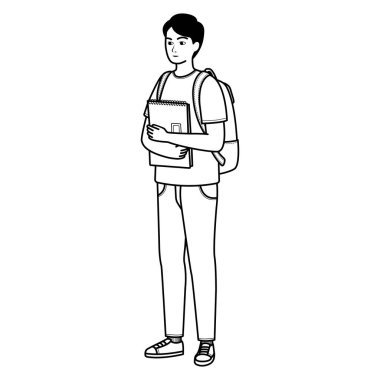 Erkek öğrenci elinde bir defter ana hatlarıyla resim çizimi tutuyor.