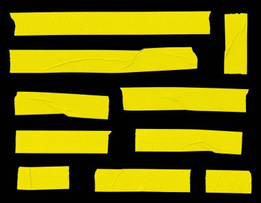Set of yellow blank paper tape sticker isolated on black background. Mock up template