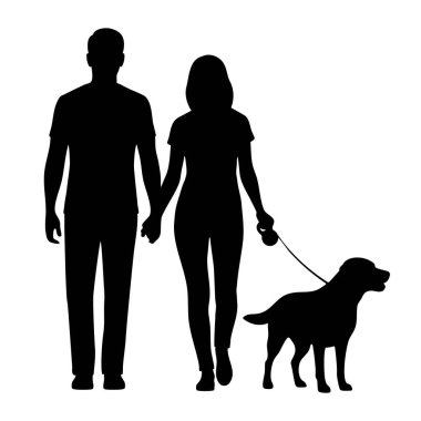 Labrador köpeğini gezdiren bir çift el ele tutuşup siluet çizimi yapıyor.