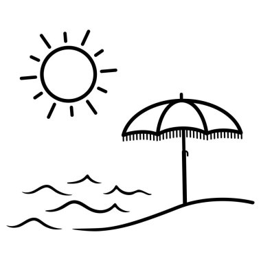 Plaj şemsiyesi, güneş ve deniz dalgaları tasvir eden minimalist karalama, yaz tatili çağrıştırıyor
