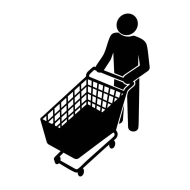 Alışveriş arabasını iten bir insan simgesi. Isometric perspektif illüstrasyon