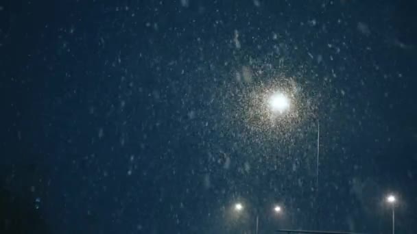 Zware Sneeuwval Sneeuwvlokken Vallen Uit Lucht Tegen Achtergrond Van Nachtelijke — Stockvideo