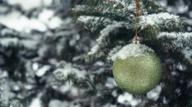 Noel 'de süslü çam ağacının dallarına kar yağıyor. Açık hava manzarası tasarımı. Yakın planda şenlikli mavi dekoratif bir top. Aralık ayında yeni yılı bekleyen karlı bir sahne.