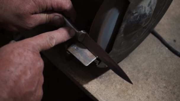 電動研削砥石でナイフを研ぐ 機械は電動研削盤で鞘を研ぐ 回転研削石で手動研削 クローズアップ — ストック動画