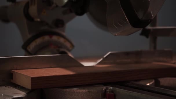 大工の工房の近くで円形ののこぎりで板を見た男性大工 サーキュラー 木材に丸鋸を使用した大工 — ストック動画