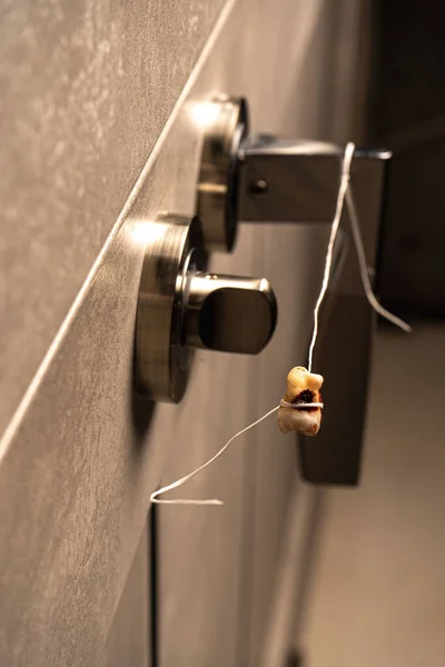 Real human teeth hanging on the door handle. Pulled out tooth. Dentistry concept. Do-It-Yourself Dentistry. Pull your own tooth. Fear of dentists