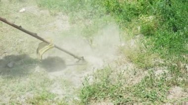 Profesyonel bir bahçıvan Central Park 'ta çimleri bir petrol çim biçme makinesiyle biçiyor. Çim biçme. Çim biçme makinesi çim biçme makinesiyle çimleri biçer.