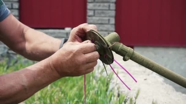 Close Mans Hand Taking Apart Lawn Mower Replace Parts Maintains — Video Stock