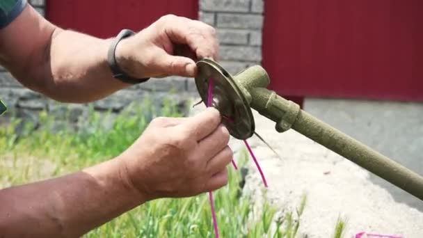 Close Mans Hand Taking Apart Lawn Mower Replace Parts Maintains — Vídeo de Stock