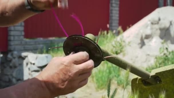 Close Mans Hand Taking Apart Lawn Mower Replace Parts Maintains — Vídeo de stock