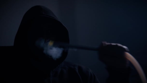 Young Man Hood Face Smokes Traditional Hookah Dark Room Concept — Αρχείο Βίντεο