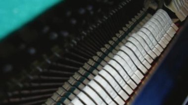 Inside of a piano. View inside the piano. Musical instrument strings. Details inside of the piano with hummers and strings