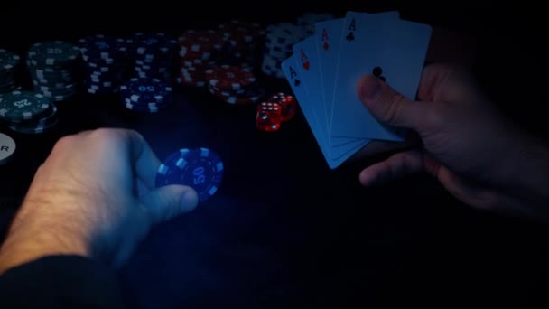 Player Watches Art While Playing Poker Combination Four Aces Four — Wideo stockowe