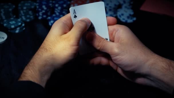 Player Watches Art While Playing Poker Combination Four Aces Four — Stockvideo