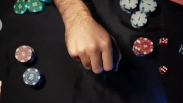Hand Throws Chips Table Thereby Raising Bet Game Poker Card — Stockvideo