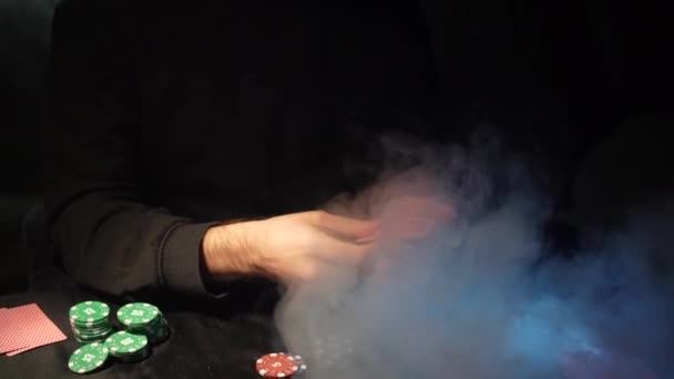 Bearded Man Plays Poker Casino Person Wins Effectively Throws Cards — Stock video