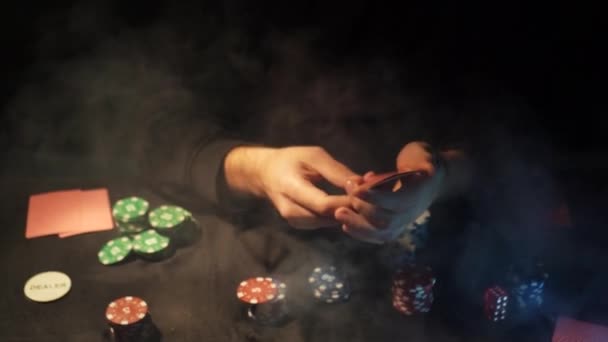 Bearded Man Plays Poker Casino Person Wins Effectively Throws Cards — Stockvideo