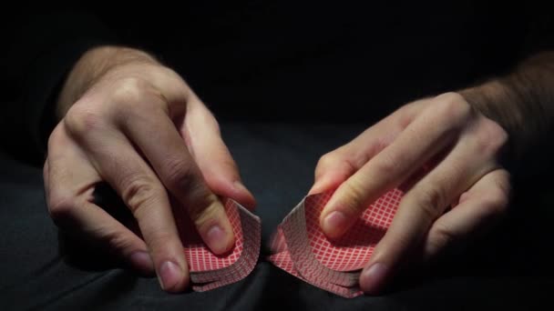 Poker Table Game Player Holds Cards His Hands Chips Cards — Vídeo de Stock