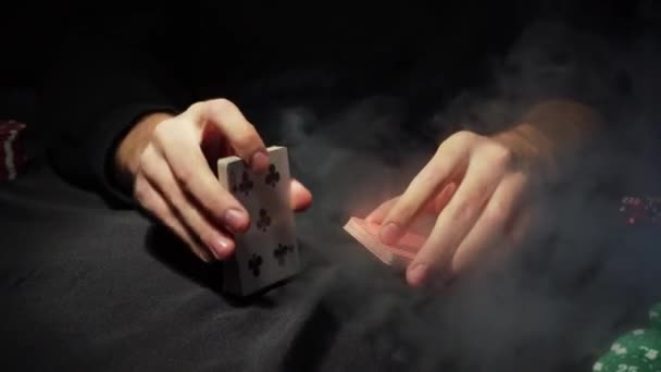 Poker Table Game Player Holds Cards His Hands Chips Cards — 비디오