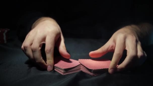 Poker Table Game Player Holds Cards His Hands Chips Cards — Vídeo de Stock