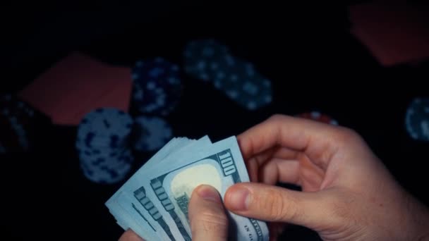 Winner Poker Game Counts Money Won Tournament Card Gambling — Stockvideo
