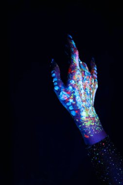 Modern psychedelic creative element with human palm for posters, banners, wallpapers. Two hands in pop art collage style in neon bold colors. Copy space for text. Magazine style. Zin culture