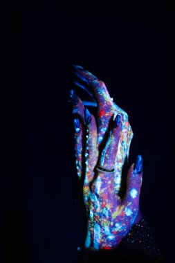 Modern psychedelic creative element with human palm for posters, banners, wallpapers. Two hands in pop art collage style in neon bold colors. Copy space for text. Magazine style. Zin culture