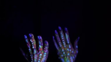 Modern psychedelic creative element with human palm for posters, banners, wallpapers. Two hands in pop art collage style in neon bold colors. Copy space for text. Magazine style. Zin culture
